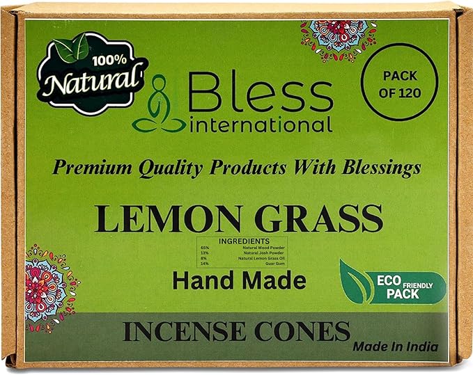 Bless International Lemon Gras 100%-Natural-Incense-Cones Handmade-Hand-Dipped Organic-Chemicals-Free for-Purification-Relaxation-Positivity-Yoga-Meditation The-Best-scents (120 Count)