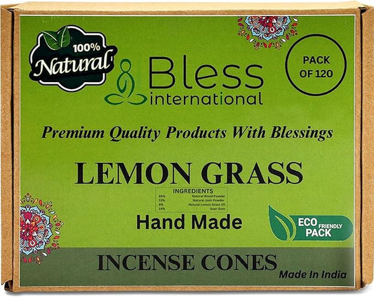 Bless International Lemon Gras 100%-Natural-Incense-Cones Handmade-Hand-Dipped Organic-Chemicals-Free for-Purification-Relaxation-Positivity-Yoga-Meditation The-Best-scents (120 Count)