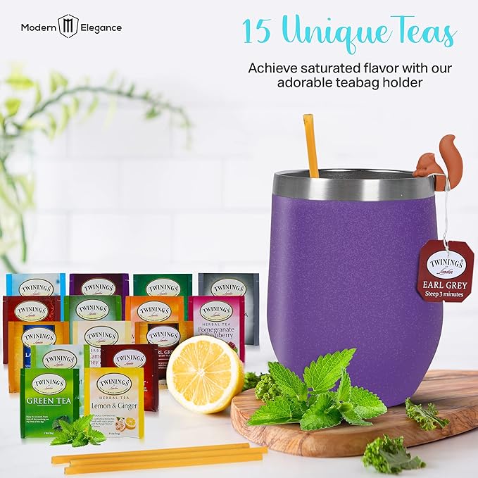 Modern Elegance Tea Gift Set, Includes 15 Teas, Stainless Steel Tumbler, Honey Straws, Tea Spoon Squeezer, Squirrel Tea Bag Holder (Purple) - Bloomnest