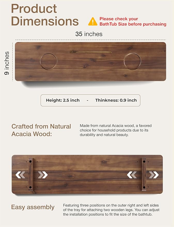 Tinamo 35”L Wooden Bathtub Tray, Bathtub Caddy Tray For Tub with Tablet Slot & Wine Holder - Acacia Bath Tray For Tub, Bath Table - Bathtub Tray Table with Adjustable Legs (Walnut color, 35"x 9"x2.5") - Bloomnest
