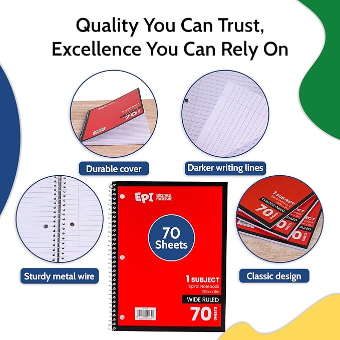 EPI Spiral Notebook | Wide - 70 Sheets, Durable Spiral Binding | 10.5 x 8 in | Classroom Supplies | School, Office, Note Taking, Journaling - 12 Pack - Bloomnest