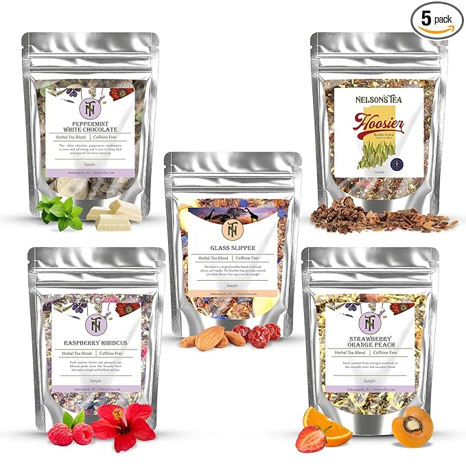 Nelson's Tea Caffeine Free Sampler Pack - Loose Leaf Tea Sampler - Peppermint White Chocolate, Glass Slipper, Hoosier Kettle Corn, Raspberry Hibiscus, Strawberry Orange Peach - Sample Sizes - Bloomnest
