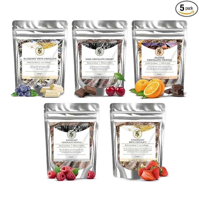 Nelson's Tea Chocolate Covered Fruit Sampler Pack Tea - Blueberry White Choc, Dark Chocolate Cherry, Orange Truffle Choc, Raspberry Truffle Choc., Strawberry White Choc.- Sample Sizes - Bloomnest