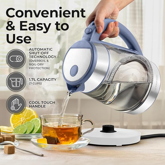 Zulay Kitchen Fast Boiling Electric Water Kettle - 1.7L, 1500W, Auto Shut-Off for Overboil & Boil Dry Protection, Cool-Touch Handle, 360° Base - Rapid Teapot Boiler For Coffee & Tea - Blue - Bloomnest