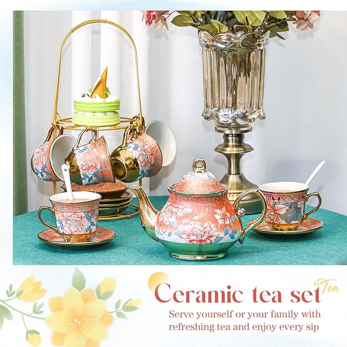 20 Pcs Porcelain Tea Set for Adults with Metal Holder and Spoon European Ceramic Tea Party Set Flower Painting Teapot Cup Saucer for Christmas Women Gifts, Serving 6 People(Attractive) - Bloomnest