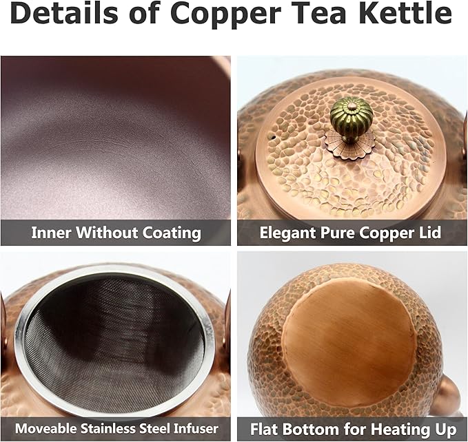 50.7oz Elegant Chinese Style Copper Tea Kettle For Stovetop, Non-Coating Pure Copper Teapot with Stainless Steel Infuser For Loose Tea, Large and Solid Tea Pot(1500ml) - Bloomnest