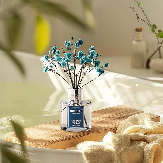 Airkeep Reed Diffuser Set,1.69 fl oz (50 ml) - Cashmere Vanilla Oil Diffusers with 8 Reed Sticks,Home Fragrance Reed Diffuser for Bathroom Shelf Decor - Bloomnest