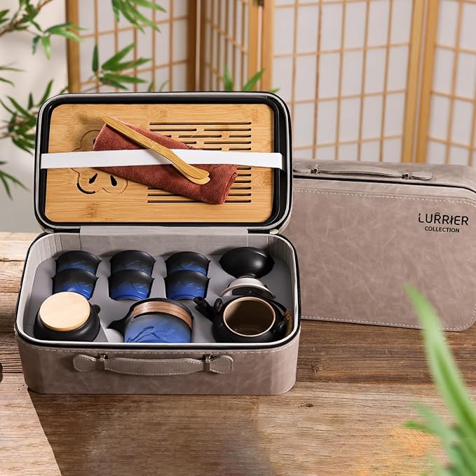 LURRIER Gongfu tea sets, Portable Ceramic TeaSet, Asian Tea sets for adult, Tea Gift sets, Grey leather case, Portable Travel Bag,Home,Gifting,Outdoor and Office(Black and Blue) - Bloomnest