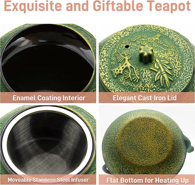 900ml Small Cast Iron Tea Kettle, SECHUDO Teapot Coated with Enameled Interior for Stovetop, Japanese Green Tea Pot with Stainless Steel Strainer for Loose Leaf, Pine,Bamboo and Plum Pattern(30.4oz)