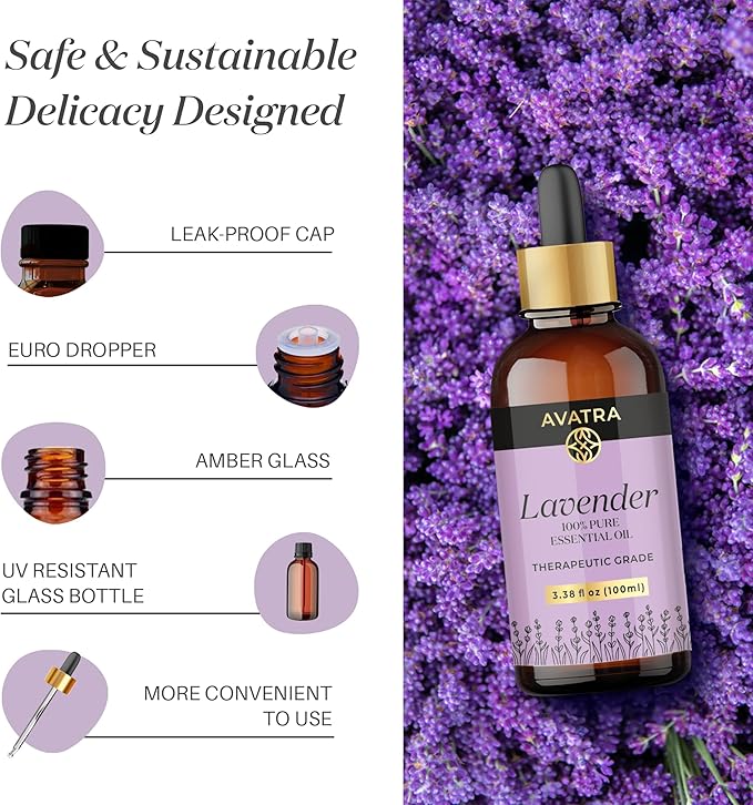 Avatra Lavender Essential Oil 100ML (3.38 OZ) with Glass Dropper and Travel Bottle, Pure and Natural Therapeutic Grade Lavender Oil for Diffuser, Aromatherapy, Massage, and DIY Candle Products - Bloomnest