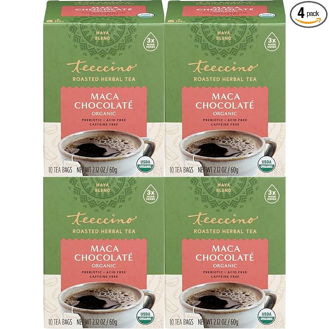 Teeccino Herbal Tea – Maca Chocolaté – Adaptogenic Peruvian Maca, Cacao, Chicory, Prebiotic, Caffeine Free, Acid Free, Coffee Alternative (10 Count (Pack of 4)) - Bloomnest