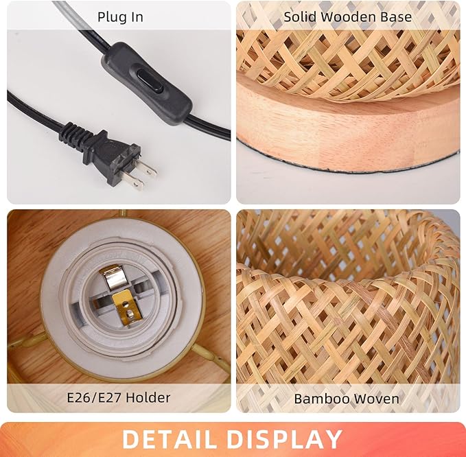 Arturesthome Bamboo Desk Light Woven Boho Beside Lamp Vintage Wicker Wooden Nightstand Lamp for Living Room,Kids Room,Nursery Room Decor - Bloomnest