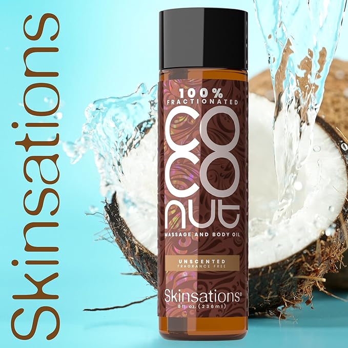 Skinsations - Unscented Body Oil - Fragrance Free - 100% Fractionated COCONUT Oil - After Shower Body Oil for Women and Men, Body Moisturizer, Bath Oil, Hydrating Body Massage Oil