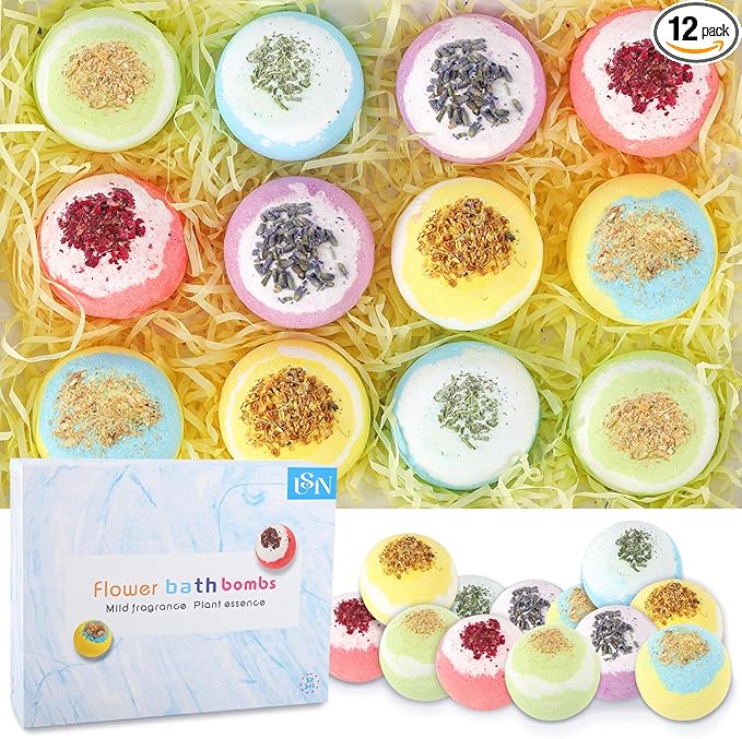 Bath Bombs for Women, USIN Natural Bubble Bath Balls Gift Set, Pack of 12 Pcs Multiple Bath Bomb, SPA Relaxing, Self Care, Gifts for Women, Men, Girls, Boys, Natural Flower Petals, 3.53 Oz Large Size - Bloomnest