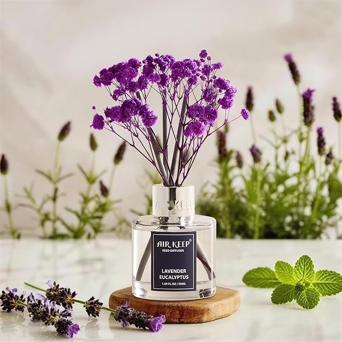 Airkeep Reed Diffuser Set,1.69 fl oz (50 ml) - Lavender Eucalyptus Oil Diffusers with 8 Reed Sticks,Home Fragrance Reed Diffuser for Bathroom Shelf Decor - Bloomnest