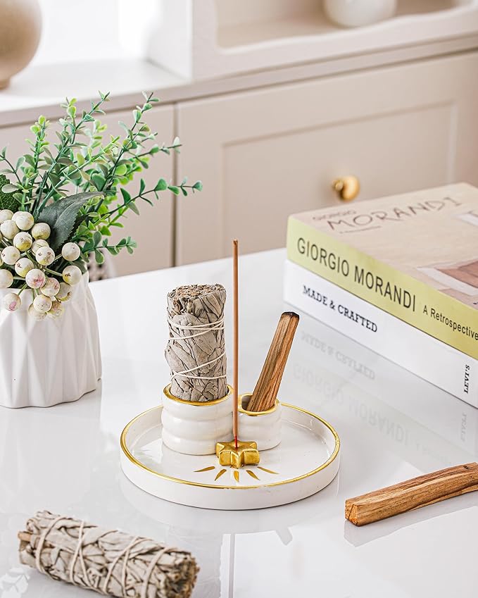 Ceramic Incense Holder Burner, Sage Holder for Burning, Palo Santo Sticks Holder, 5.51" Ash Catch Tray, Smudge Dish for Meditation Yoga, Modern Home Decor Gift - Bloomnest