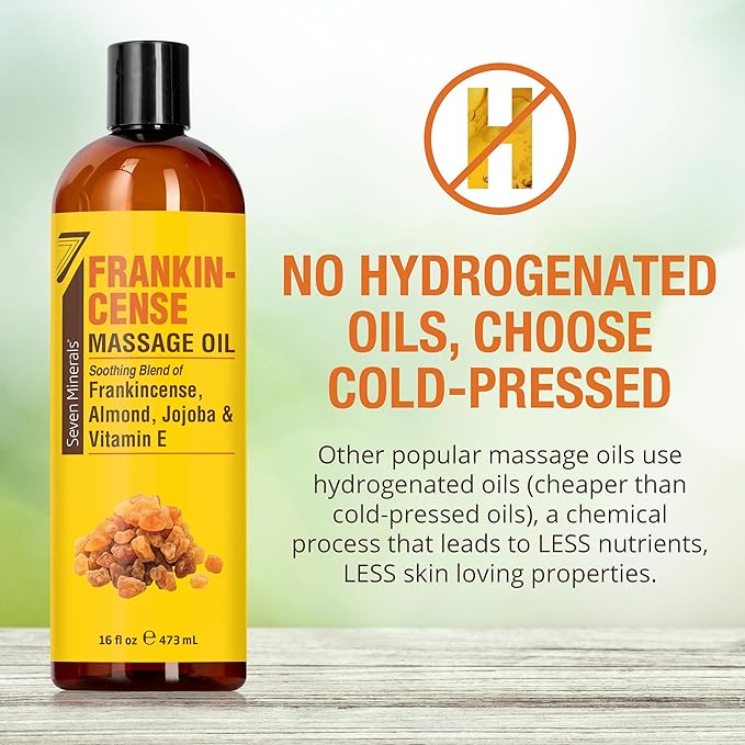 Seven Minerals Frankincense Massage Oil for Massage Therapy - Big 16 oz - Ideal for Professional or at-Home Body Massage. Soothing Natural Blend of Almond, Jojoba & Vitamin E