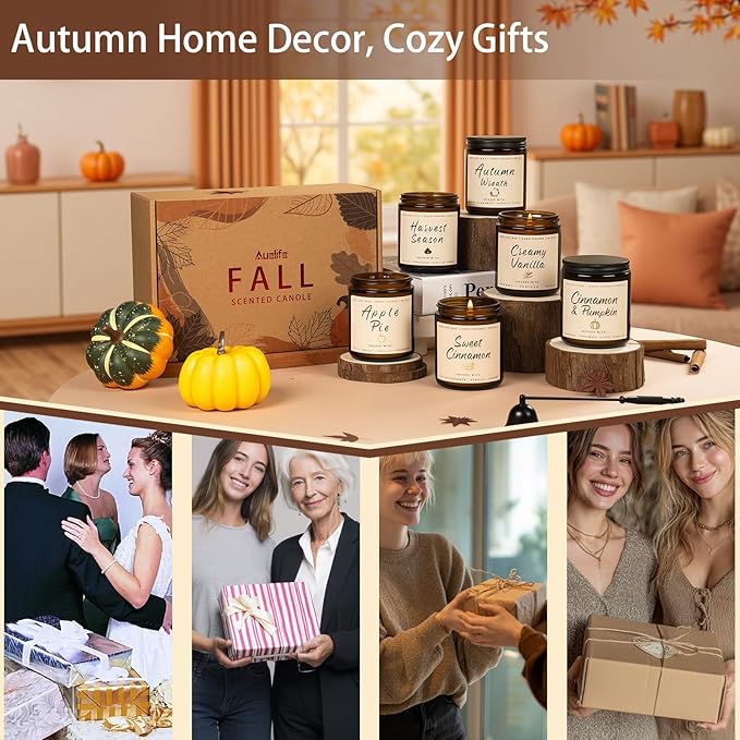Auelife Fall Candles, 6 Pack Scented Candle Set, 42 oz Autumn Soy Candles for Home Scented, Fall Candle Gifts Set for Men and Women, Autumn Home Decor of Wreath/Apple/Latte/Harvest/Vanilla/Cinnamon - Bloomnest