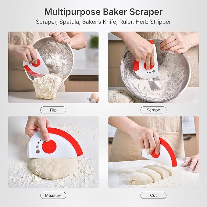 Nextrend BakerScraper – 5-in-1 Flexible Bowl Scraper, Bench Scraper and Dough Scraper with Stainless Steel Edge, Ruler & Herb Stripper – BPA Free, Dishwasher Safe - Red - Bloomnest