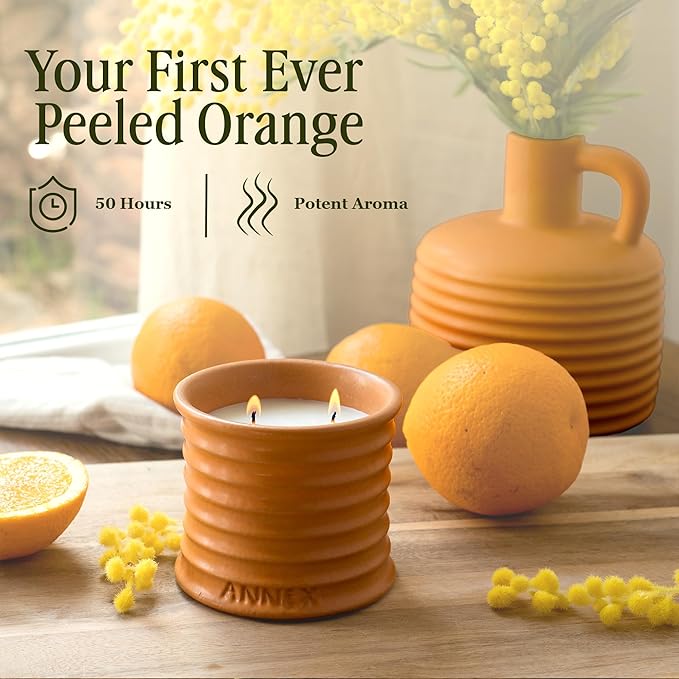 Scented Luxury Candles in Handmade Ceramic Jars, Soy Wax | Orange Blossom – Orange & Mimosa, Large Candle | Non Toxic, 2 Wicks, Reusable Big Orange Jar | Natural Spring Aromatherapy for Women & Men - Bloomnest