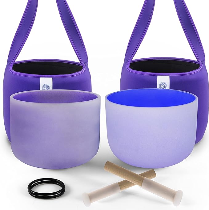 FMTY 10inch Crystal Singing Bowls set Indigo(3rd eye)+ Purple(Crown) with Soft Carrying Bag Sound Bowls Mindfulness, Meditation, Yoga, Spiritual and Body Healing and Energy Cleansing Chakra Bowl