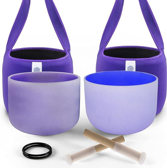 FMTY 10inch Crystal Singing Bowls set Indigo(3rd eye)+ Purple(Crown) with Soft Carrying Bag Sound Bowls Mindfulness, Meditation, Yoga, Spiritual and Body Healing and Energy Cleansing Chakra Bowl