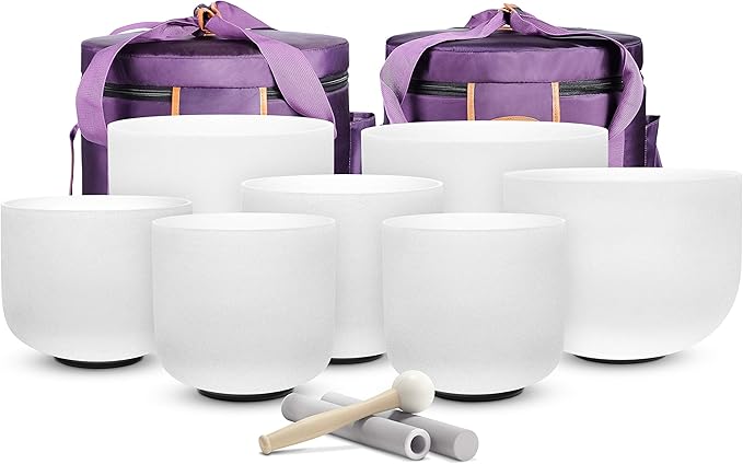 TOPFUND 7-12 inch Chakra Set of 7 Crystal Singing Bowls with Heavy Duty Carrying Cases and Singing Bowl Mallets - Bloomnest