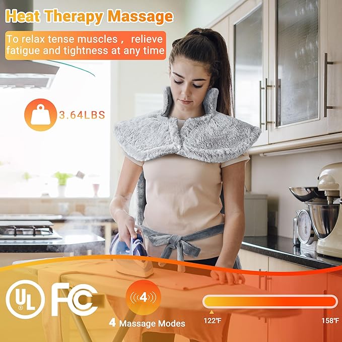 Massaging Heating Pad for Neck and Shoulders and Back, 24" x 35" Large Electric Heating Pad for Back Pain Relief with 3 Heat Levels, 4 Massage Settings, 2H Auto Shut-Off, 4 Massage Motors,Grey - Bloomnest