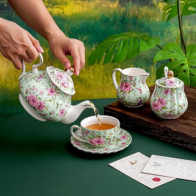 Flower Ceramic Teapot,22oz Porcelain Tea pot for Tea Coffee Milk for Office Home Men Women as Gift (Green) - Bloomnest