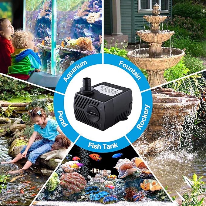 Fountain Pump, 2 Packs 80GPH(4W 300L/H) Submersible Water Pump, Durable Outdoor Fountain Water Pump with 7.2ft（2.2m） Power Cord, 3 Nozzles for Aquarium, Pond, Fish Tank, Water Fountain Pump - Bloomnest