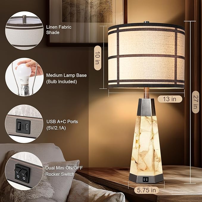 27" Natural Alabaster Table Lamps for Living Room, Bedroom Lamps Set of 2 with Night Light, Living Room Lamps with USB A+C Ports, Table Lamp with Linen Shade for Bedside (Bulbs Included) - Bloomnest
