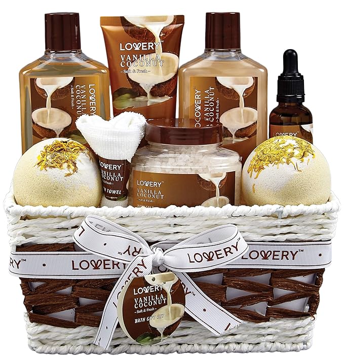 Gifts For Women Gift Basket for Women– 9 Piece Set of Vanilla Coconut Home Spa Set, Luxurious Valentines Day Gifts for Her, Bath and Body Sets Includes Fragrant Lotions, Large Bath Bombs, Coconut Oil - Bloomnest