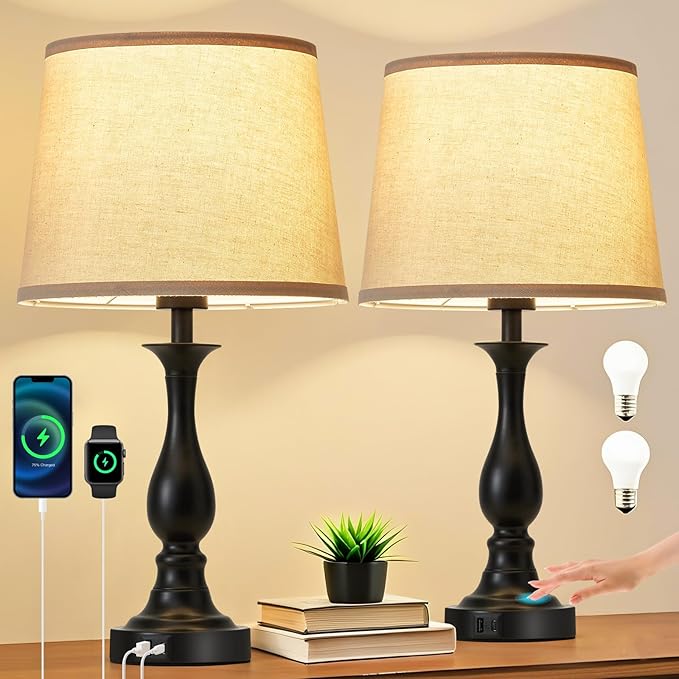 Bedside Table Lamp Touch Control Bedroom Lamps with USB A and C Charging Port 3 Way Dimmable Touch Lamps for Nightstand Living Room Bedroom Dorm Home Office Reading, Set of 2 - Bloomnest