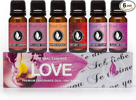 Eternal Essence Oils Love Set of 6 Premium Fragrance Oils - Rose, PS I Love You, Amber Romance, Secret Crush, Forever Yours and Sugar Kiss - for Diffusers, Candle & Soap Making, & Aromatherapy - 10ML - Bloomnest