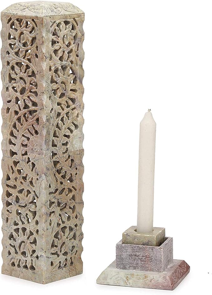 Carry Me Handmade Marble Soapstone Incense Stick Burner | Candle Stick Holder | Tea Light Burner - Perfect Floral Carving for Gifting. Decorative Home and Kitchen Decor (3 x 3 x 11 Inches) - Bloomnest