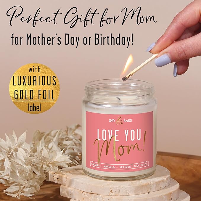 Gifts for Mom, Mom Birthday Gifts, Mothers Day Gifts for Mom - 'Love Mom' Soy Candle, w/Coconut & Vanilla I Birthday Gifts for Mom Gifts from Daugher or Son I 50Hr Burn, USA Made - Bloomnest