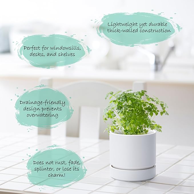 4 Inch Modern Plastic Round Pots for Indoor Houseplants and Herbs, Pack of 3 Planter Pot with Drainage Hole & Saucer, Deep Water Catch Tray, Straight Cylindrical Pot for Plants, Matte White, 23-D-R-1 - Bloomnest