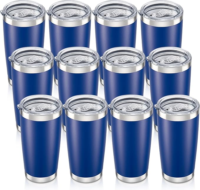 20 oz Tumbler with Lid Stainless Steel Insulated Tumblers Bulk Double Wall Vacuum Cups Powder Coated Travel Mug Keep Drinks Cold and Hot, Blue, 12 Pack