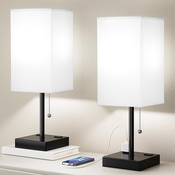 Plus Bedside Table Lamps Set of 2 - White Bedroom Lamps with 3 Colors, Square Nightstand Lamp with USB C + A Charging Ports and 2 AC Outlets, Pull Chain Night Light for End Table - Bloomnest