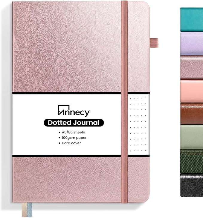 Annecy Numbered Bullet Dotted Journal Notebook, Medium 5.5x 8.25, 160 Pages 100GSM Writing Paper, A5 Rose Gold Faux Leather Cover with Pen Loop - Bloomnest