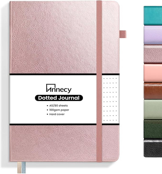 Annecy Numbered Bullet Dotted Journal Notebook, Medium 5.5x 8.25, 160 Pages 100GSM Writing Paper, A5 Rose Gold Faux Leather Cover with Pen Loop - Bloomnest
