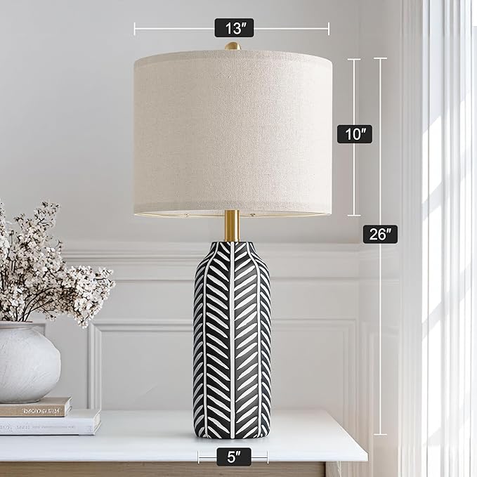 BOBOMOMO 26" Farmhouse Black Table Lamps Set of 2 – Rustic Resin Lamps with Vintage Leaf Pattern and Linen Shades, Black Bedside Lamps for Bedroom, Living Room, Office, Entryway, Console Table - Bloomnest