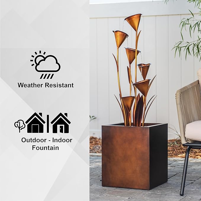 XBrand Freestanding Sculptural Metal Multi-Tiered Flower Water Fountain, No LED Lights, Bronze, 46" Tall