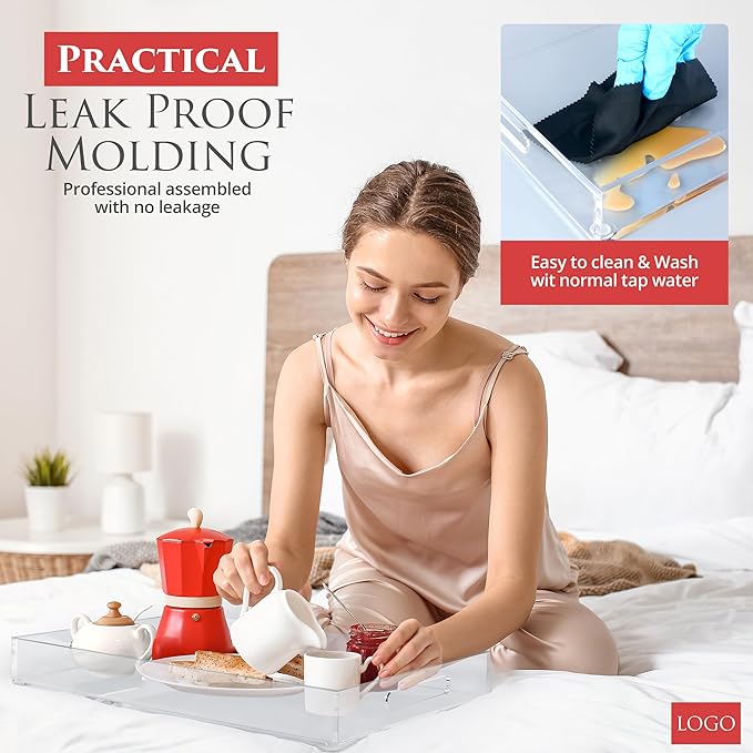 Acrylic Tray 15x10 with Cut Handles - Spill Proof Decorative Tray is an Ideal Countertop Organizer for Living Rooms, Ottoman Coffee Tables, Offices, Kitchens & Serving Guests - Bloomnest