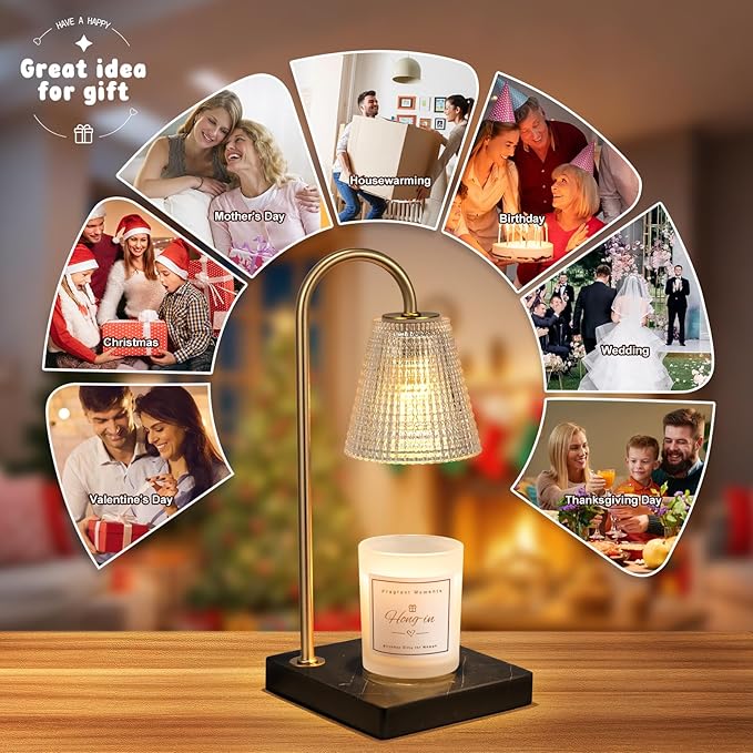 Hong-in Modern Gold Candle Warmer Lamp with Black Marble Base, Glass Shade Electric Candle Melter for Scented Candles, Stylish Home Kitchen Decor & Gift for Women