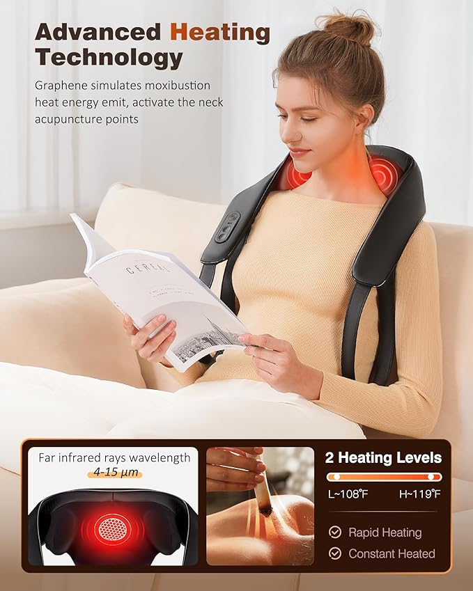 Neck and Shoulder Massager with Heat, Cordless Back and Neck Massager, Upgraded Graphene Heating, 4D Shiatsu Deep Kneading Massage for Shoulder, Back,Leg,Pain Relief, Portable Gifts for Dad Mom Friend - Bloomnest
