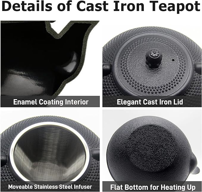 Big Cast Iron Teapot, Japanese Tetsubin Tea Kettle for Stovetop Safe, Cast Iron Teapot with Stainless Steel Infuser for Loose Tea and a Fully Enameled Interior (1500ml Tea Set with Cups) - Bloomnest