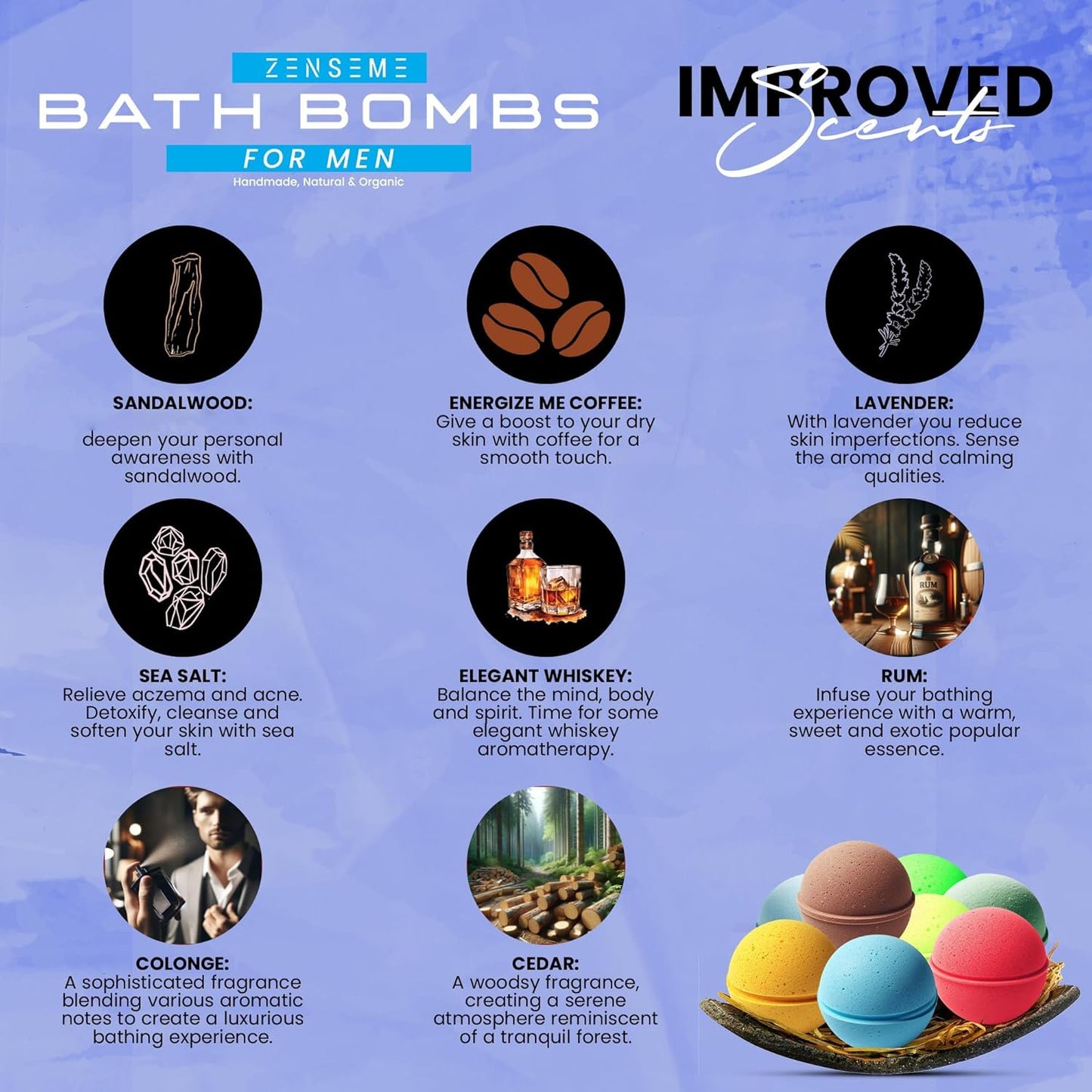 Bath Bombs for Men - Mens Relaxing Bath Bombs Gift Set - Organic with Masculine Scents for Him - 2.5 Oz Each - Gift Set of 8 Scented with Natural Essential Oils for Boyfriend, Husband or Father