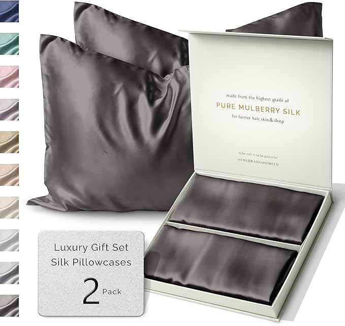 SUNDAYSILKS™ Silk Pillow Cases 2 PACK | 22 Momme Mulberry Silk Pillowcase Set of 2 | Standard Queen, King Size | All Sides 100% Pure Silk Slip Pillowcase Bliss for Women with Zipper [Charcoal Essence] - Bloomnest