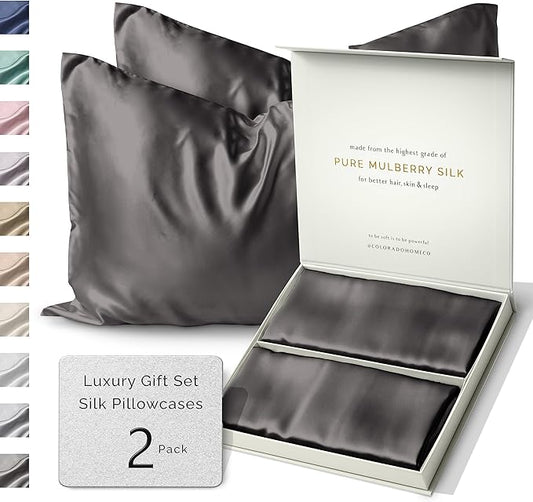 SUNDAYSILKS™ Silk Pillow Cases 2 PACK | 22 Momme Mulberry Silk Pillowcase Set of 2 | Standard Queen, King Size | All Sides 100% Pure Silk Slip Pillowcase Bliss for Women with Zipper [Charcoal Essence] - Bloomnest